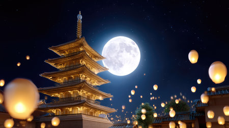 A stunning night scene featuring a traditional pagoda adorned with glowing lanterns, set against the backdrop of a luminous full moon, creating a tranquil atmosphere.の素材