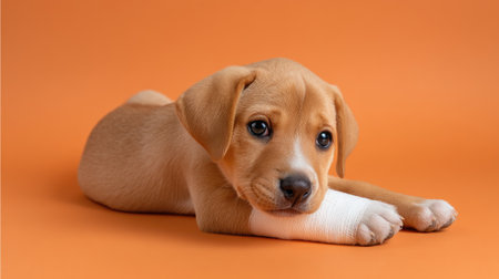 This adorable puppy with a bandaged paw conveys a sense of vulnerability and innocence, resting peacefully against a vibrant orange backdrop. The image captures the essence of pet care and the tender moments shared between pets and their owners.の素材