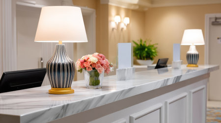 This stock photo showcases an elegant hotel reception with modern lamps and a beautiful flower arrangement on a marble counter, creating a warm and inviting atmosphere.の素材