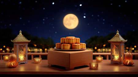 A stunning depiction of a beautifully arranged mooncake display under a bright moon. Soft lantern light enhances the festive atmosphere in this cozy setting.の素材