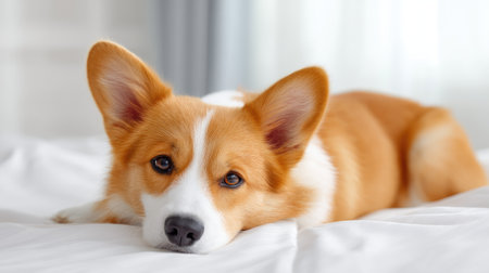 This adorable Corgi dog lies comfortably on a soft bedspread, showcasing its fluffy fur and relaxed demeanor, perfect for pet lovers and home settings.の素材