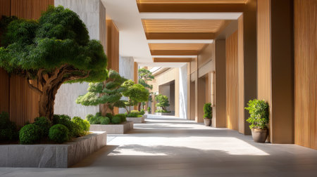This image showcases a serene indoor garden space featuring lush greenery and sleek architectural elements, bathed in soft light, perfect for relaxation.の素材