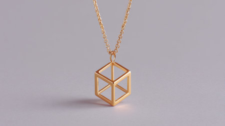 A stunning gold geometric cube pendant hangs elegantly from a delicate chain, perfect for adding a touch of modern sophistication to any outfit. Ideal for fashion enthusiasts.の素材
