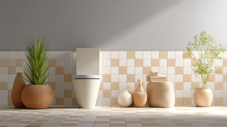 A serene modern bathroom showcasing a sleek toilet fixture surrounded by stylish decor. Natural elements and soft textures create a warm, welcoming atmosphere.の素材
