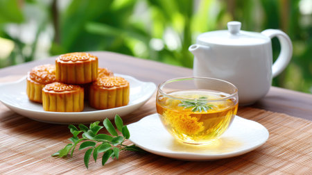 A harmonious arrangement of glowing mooncakes on a plate with a glass of herbal tea. The serene backdrop of greenery enhances this cultural feast.の素材