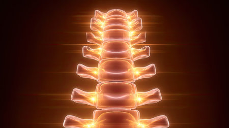 This detailed visualization showcases an illuminated human spine with glowing vertebrae, emphasizing energy flow and anatomical structure for health concepts.の素材