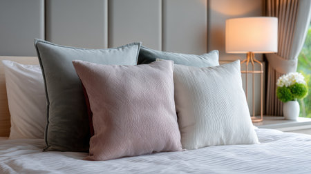 This image showcases a beautifully arranged set of decorative cushions on a bed, highlighting elegance and comfort. Soft colors and textures enhance a cozy atmosphere.の素材
