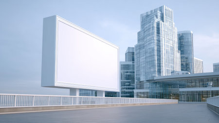 A modern urban scene featuring a large blank billboard adjacent to sleek skyscrapers, ideal for showcasing advertisements and marketing visuals in a contemporary business environment.の素材