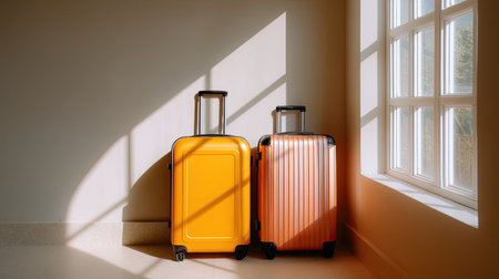 Two vividly colored suitcases rest against a wall in a sunlit room, casting interesting shadows and showcasing modern design elements.の素材