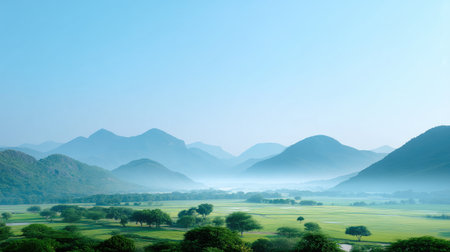 A breathtaking landscape featuring majestic mountains surrounded by lush green fields under a clear blue sky. The serene atmosphere invites exploration and appreciation of nature's beauty.の素材