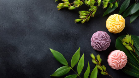 This captivating image showcases an artistic arrangement of colorful mooncakes in vibrant hues, elegantly placed among fresh greenery, set against a dark background.の素材