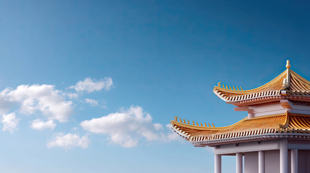 Captivating image of a traditional Asian pagoda highlighting intricate roof design against a clear blue sky adorned with soft white clouds. Perfect for projects focused on culture, architecture, and serenity.の素材
