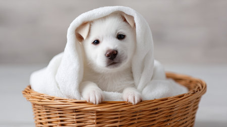This delightful image features a charming white puppy snuggled in a comfortable basket, wrapped in a soft towel. The scene radiates warmth and innocence, capturing the essence of a playful pet in a cozy indoor environment.の素材