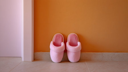 A pair of soft pink slippers positioned against a cheerful orange wall, creating a warm and inviting atmosphere perfect for relaxation at home.の素材