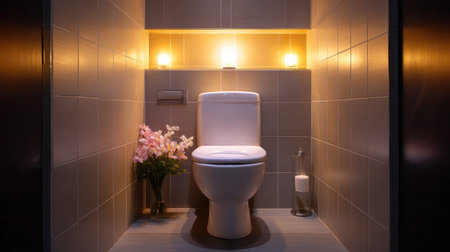 This photograph showcases a stylish modern bathroom featuring a white toilet, soft ambient lighting, and fresh flowers for a serene atmosphere.の素材