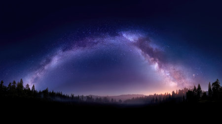 This stunning image captures the majestic arch of the Milky Way galaxy above a serene forest landscape at twilight, showcasing nature's beauty.の素材