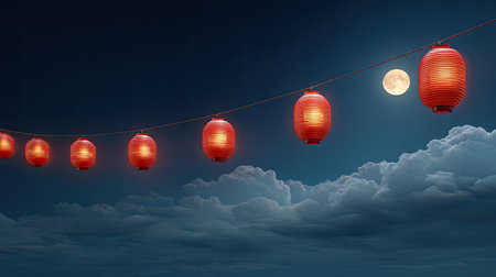 A stunning display of red lanterns illuminating the night sky, accompanied by a bright full moon and soft clouds, creating a magical and serene atmosphere.の素材