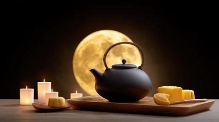 A serene still life featuring a classic teapot and desserts, set against a glowing moon, creating a cozy atmosphere with soft candlelight.の素材