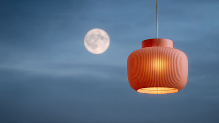 This image features a stylish pendant lamp casting a warm glow against a serene night sky, with a full moon illuminating the background.の素材