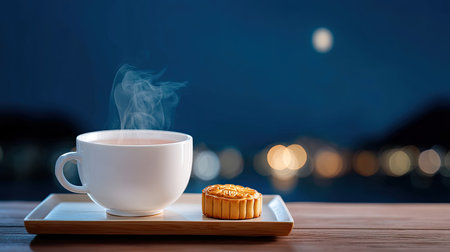 A serene scene featuring a warm cup of tea paired with a mooncake, set on a wooden table. The gentle steam and soft bokeh lights create a cozy atmosphere perfect for relaxation.の素材
