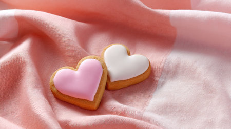 Two heart-shaped cookies with pink and white icing sit on a soft pink fabric. Perfect for romantic occasions, celebrations, or sweet moments.の素材