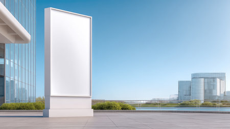 An empty billboard display stands prominently in an urban setting, surrounded by modern glass buildings under a clear blue sky, offering ample advertising opportunities.の素材
