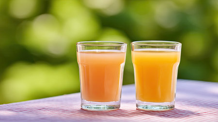 Two glasses filled with different fruit juices sit on a table, capturing the essence of summer with bright colors and fresh ingredients. Perfect for outdoor gatherings.の素材
