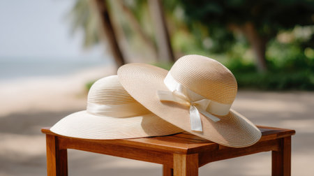 Two elegant beach hats with ribbons rest on a wooden table against a serene tropical backdrop, capturing timeless summer style in natural light.の素材