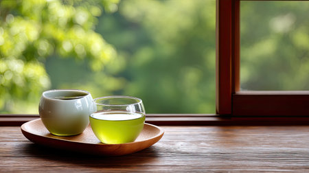 A peaceful scene featuring two cups of green tea on a wooden platter beside a window, surrounded by fresh foliage, creating a tranquil atmosphere.の素材