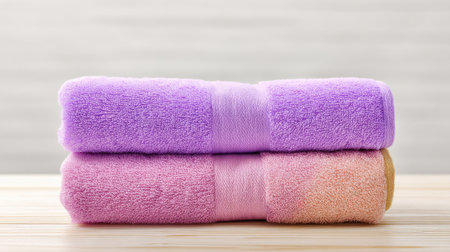 A pair of soft purple and pink towels are neatly stacked on a light wood surface, creating a serene and stylish atmosphere ideal for bathrooms and spas.の素材