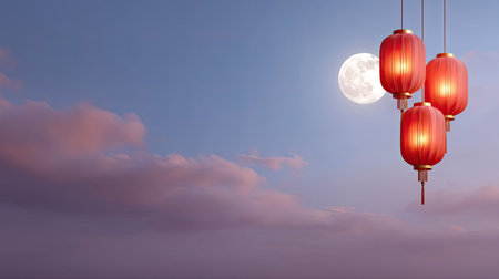 A serene evening scene capturing the beauty of three red lanterns gently illuminated under a full moon, surrounded by soft clouds in the twilight sky.の素材