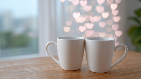Two white ceramic coffee mugs sit closely on a wooden table, complemented by a soft heart-shaped bokeh background that evokes warmth and love.の素材