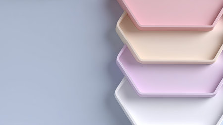 This image features a visually appealing arrangement of stacked hexagonal trays in soft pastel colors. Ideal for modern decor and stylish organization, it provides a fresh aesthetic for various creative projects.の素材