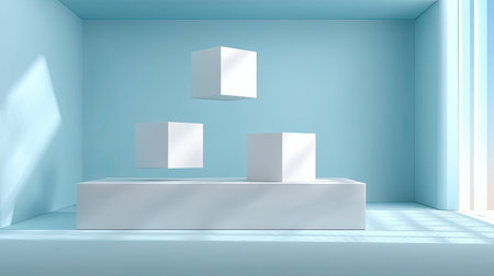 This modern minimalist design features floating cubes in a serene soft blue interior. Perfect for creative presentations or design concepts emphasizing simplicity.の素材