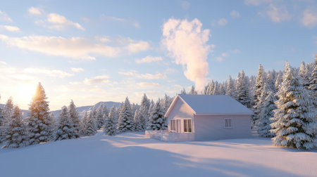 A charming cabin sits nestled among fluffy snow and tall pine trees, with warm smoke curling from the chimney against a serene winter sunset.の素材