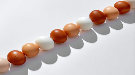A visually appealing arrangement of eggs in various hues, showcasing the beauty of simplicity and natural light, perfect for culinary themes.の素材