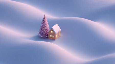 A charming wooden cabin emits a warm glow, nestled in soft, undulating blankets of snow, accompanied by a serene pine tree at twilight.の素材