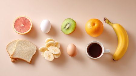 A vibrant breakfast spread showcasing a variety of fruits, eggs, and coffee. Ideal for promoting healthy eating and morning routines.の素材