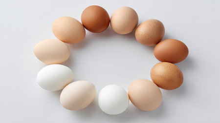 An artistic circular arrangement of fresh eggs in various colors on a light surface, perfect for food photography or culinary presentations.の素材