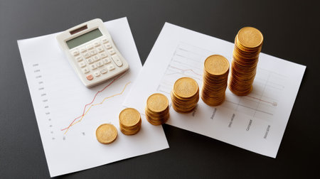 A calculator rests beside stacks of golden coins and financial reports, showcasing graphs that indicate growth in revenue and investment strategies.の素材