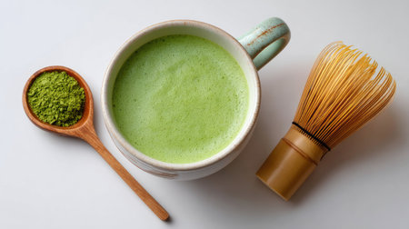 This captivating flat lay features a ceramic cup of vibrant green matcha tea, accompanied by a bamboo whisk and matcha powder, perfect for tea enthusiasts.の素材