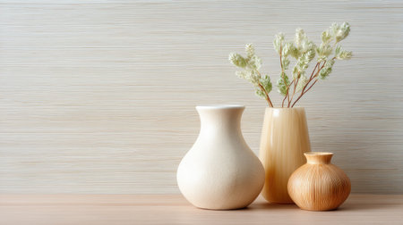 This image showcases a serene arrangement of minimalist vases in soft tones, featuring dried flowers, set against a light wooden background, perfect for home decor inspiration.の素材