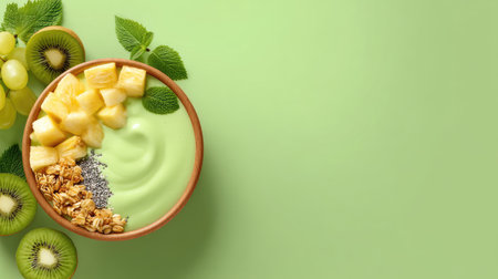 This vibrant smoothie bowl features fresh kiwi, pineapple, granola, and mint on a soft green background, perfect for a healthy breakfast or snack.の素材