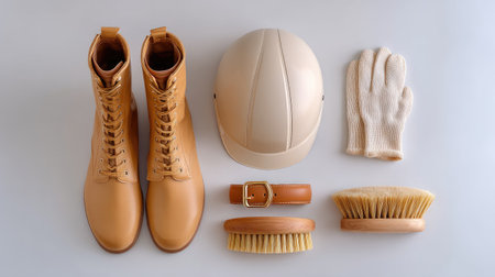 This flat lay composition features stylish tan boots, a helmet, grooming brushes, gloves, and a belt on a light background, ideal for fashion or workwear projects.の素材