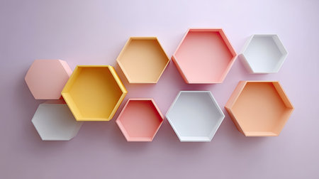 This artistic arrangement features colorful hexagonal shelves against a soft purple background, ideal for modern home decor ideas, showcasing geometric charm and vibrant design.の素材