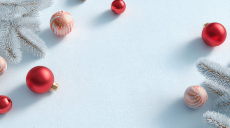 A serene composition featuring vibrant red Christmas ornaments and delicate silver pine branches arranged on a soft blue background, perfect for festive themes.の素材