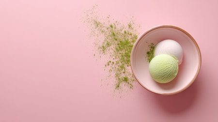 A visually appealing image showcasing two scoops of ice cream in soothing pastel colors, complemented by green matcha powder, set against a soft pink background.の素材