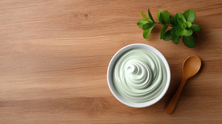 A beautiful bowl of creamy green soft serve ice cream sits serenely on a wooden table, alongside a wooden spoon and fresh mint leaves for garnish.の素材
