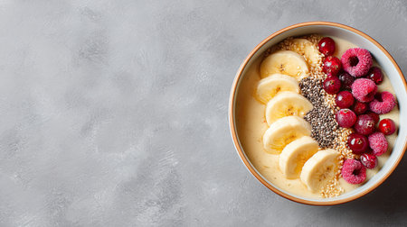 A vibrant smoothie bowl featuring fresh banana slices, juicy raspberries, crunchy chia seeds, and granola, perfect for a healthy breakfast or snack.の素材