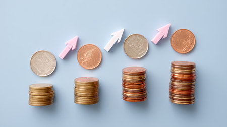 This image illustrates financial growth, featuring coins arranged in stacks alongside arrows indicating increasing value, perfect for investment and finance themes.の素材